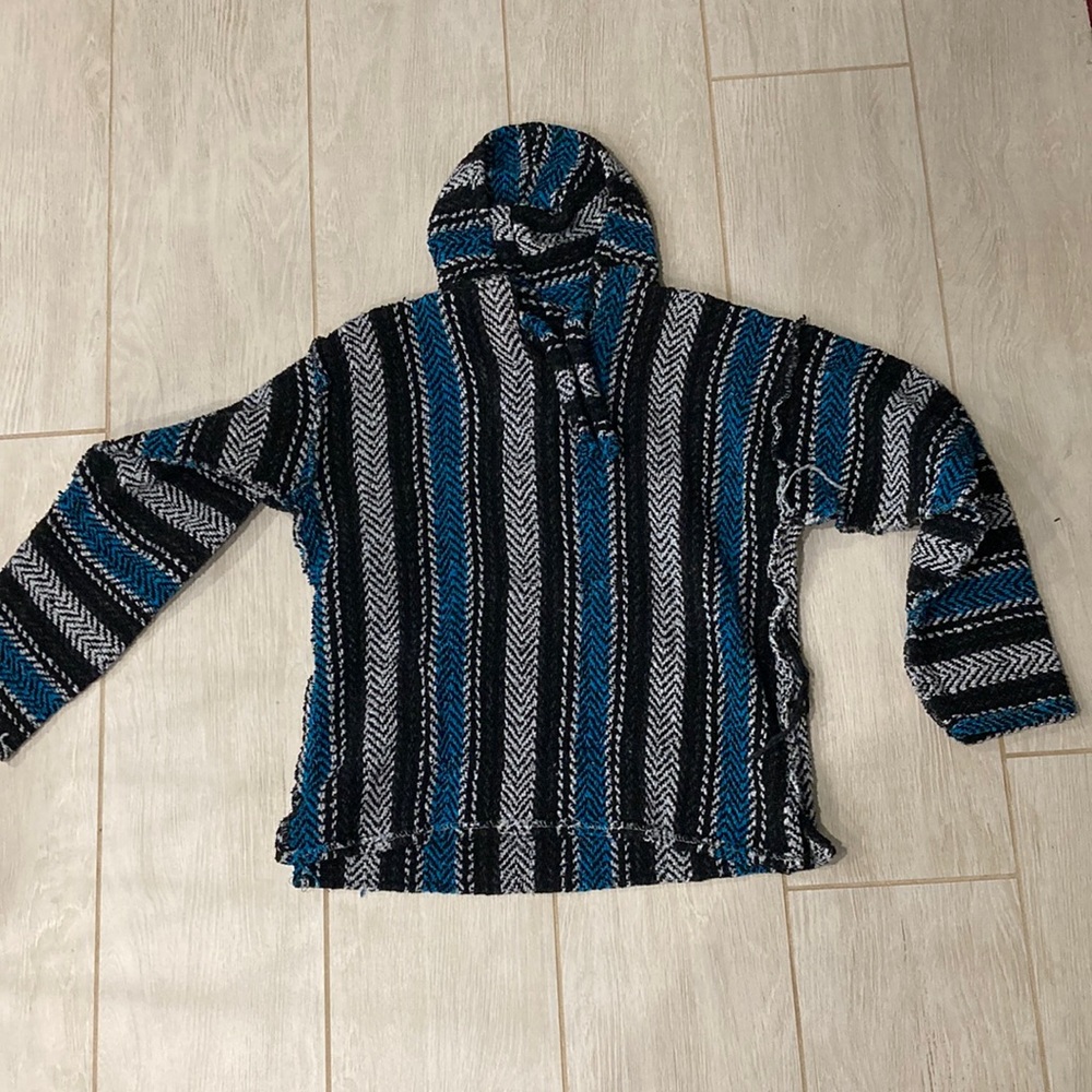 black, white, and blue Earth Rags hoodie
